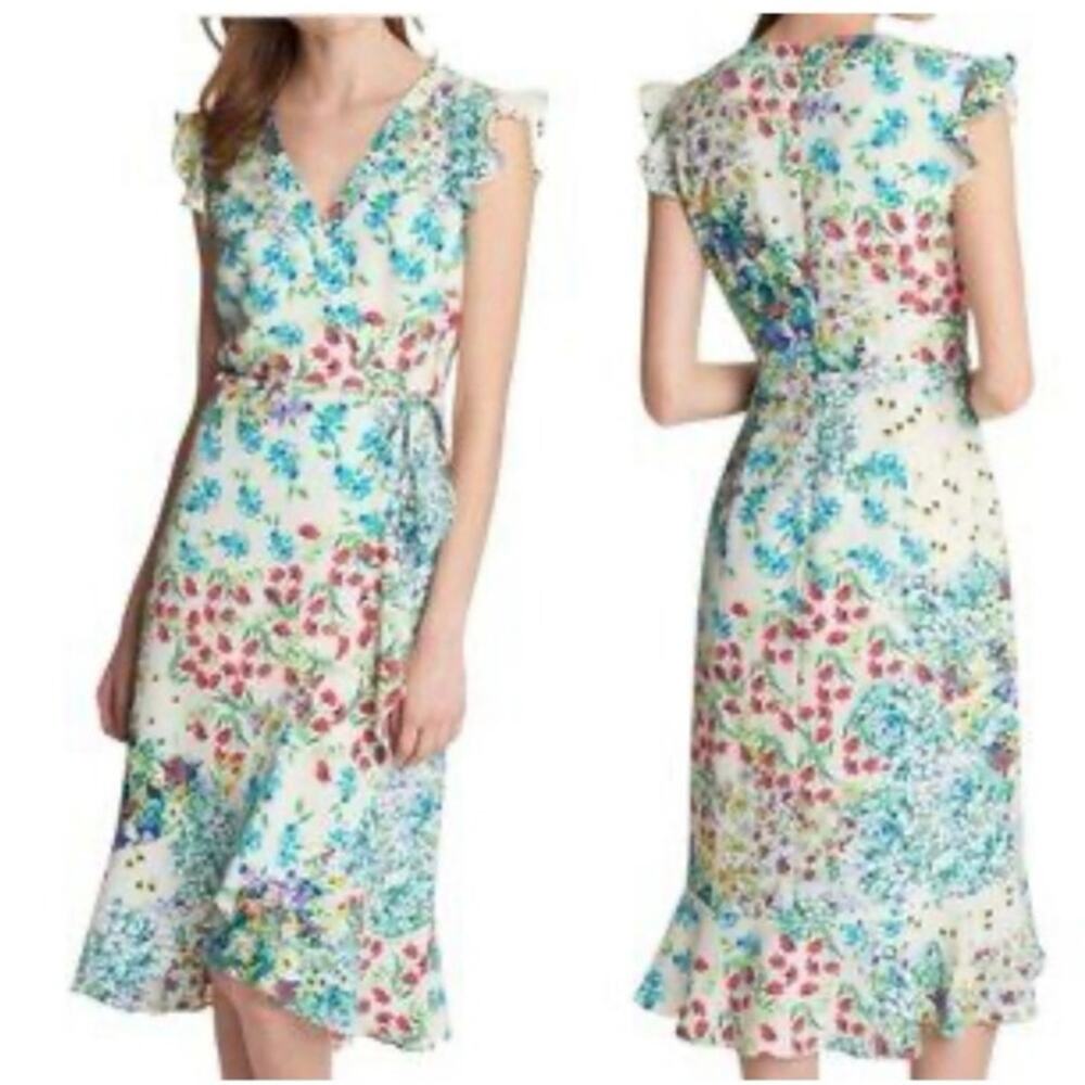 Karl Lagerfeld Cream Floral Midi Dress with Blue & Pink Accents
